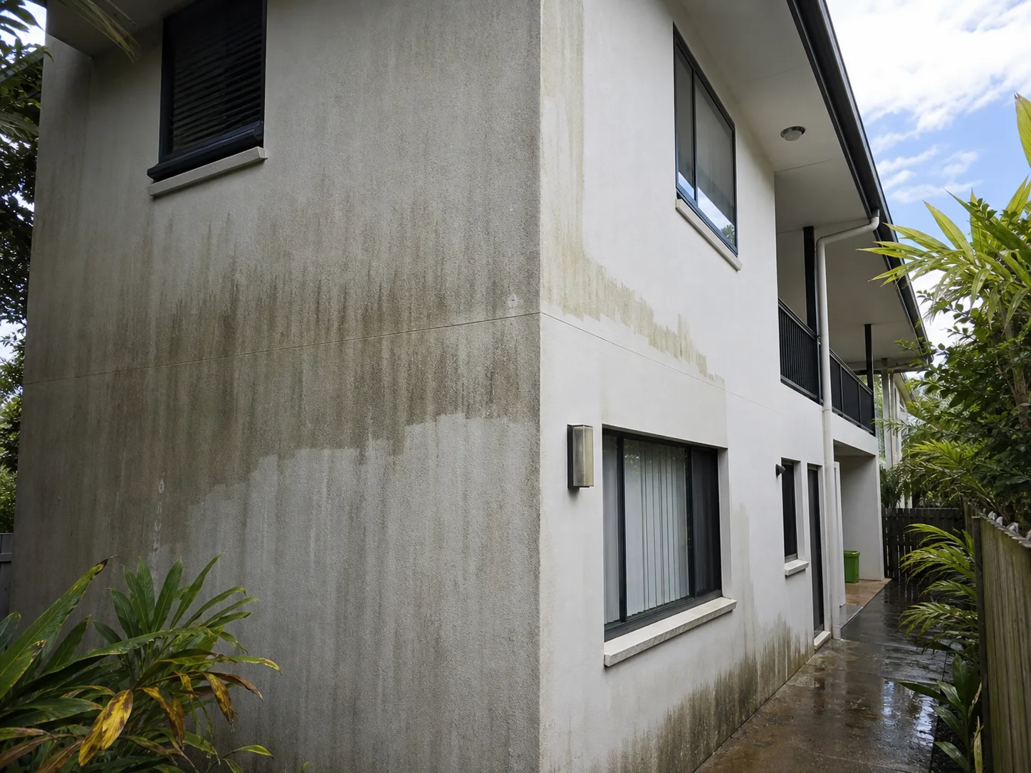 Rough half-cleaned two-storey rendered Brisbane house wall with soft-wash drip marks and mould staining