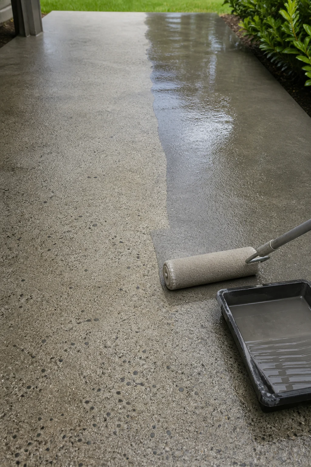 Concrete path being sealed after washing with a roller and wet-look finish