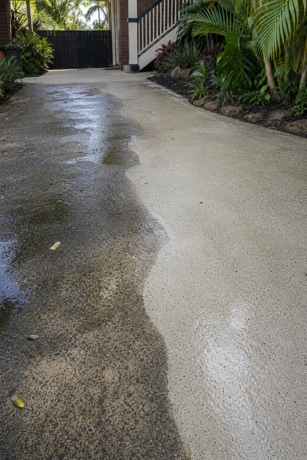Half-cleaned Brisbane concrete driveway showing dirty and freshly pressure washed sections