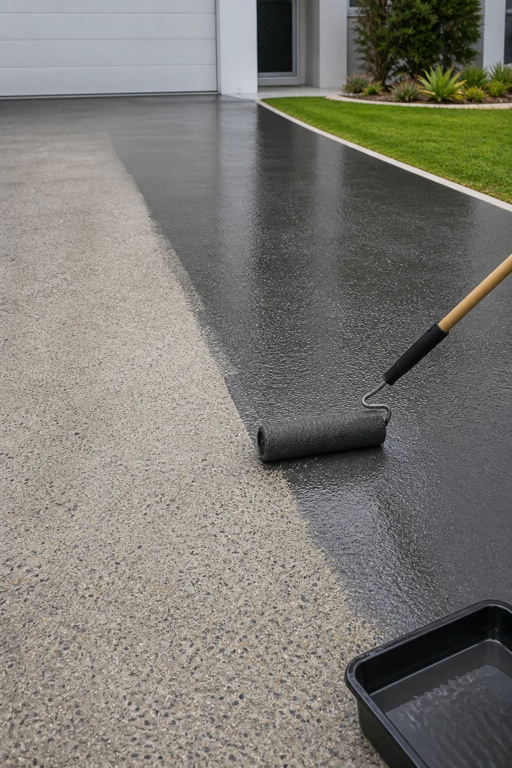Residential concrete driveway being sealed with a roller and satin protective finish