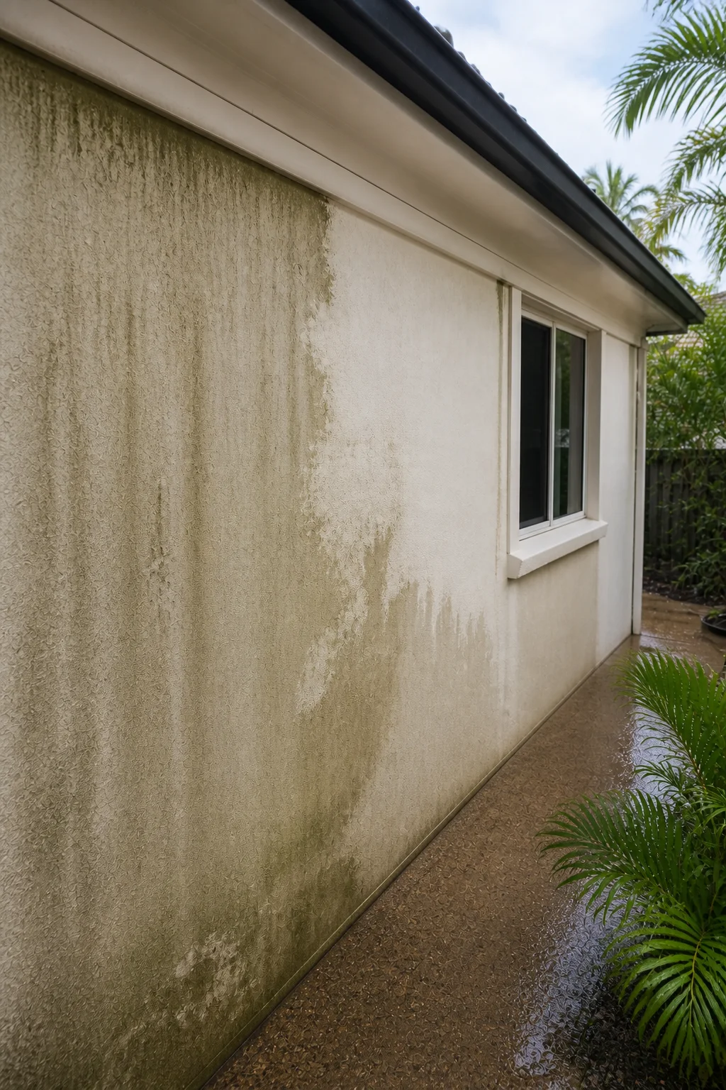 Half-cleaned Brisbane house exterior showing mould-stained render beside a freshly washed wall