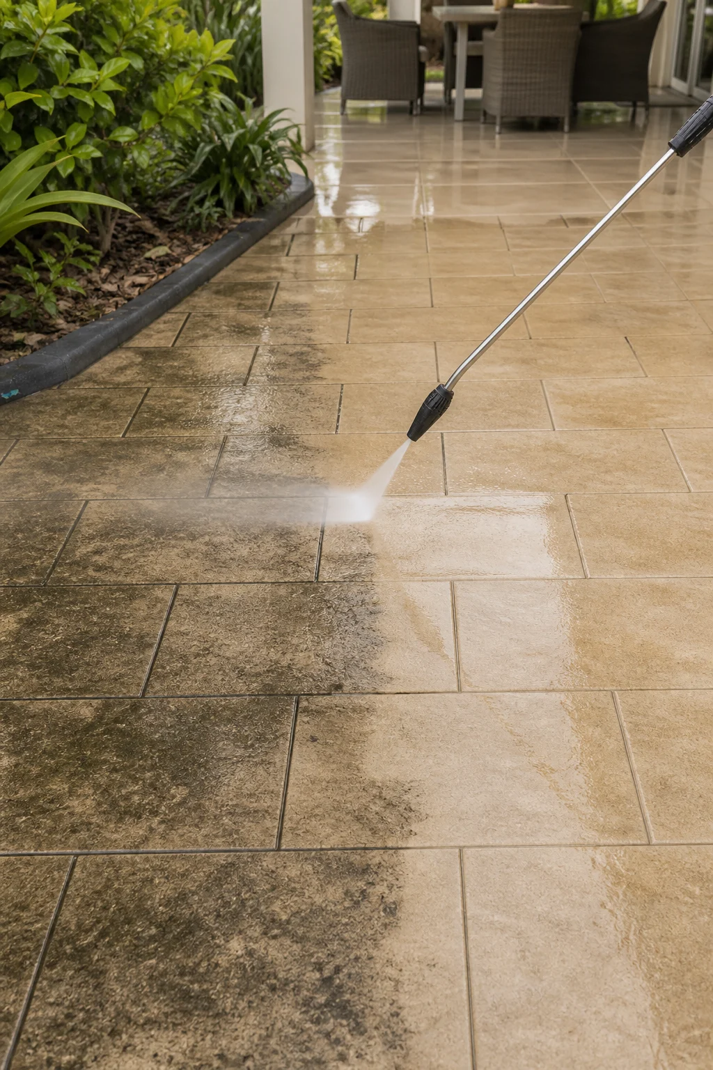 Outdoor patio tiles being pressure cleaned with a visible clean and dirty contrast