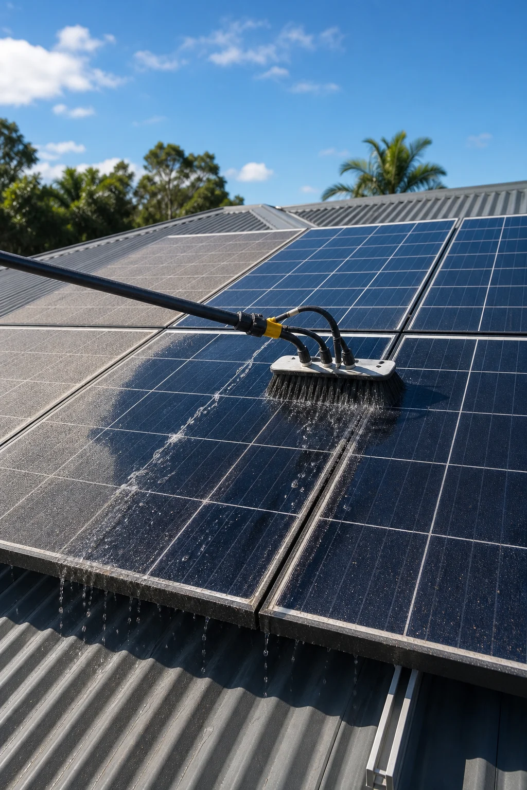 Solar panels being cleaned with a water-fed brush on a Brisbane roof