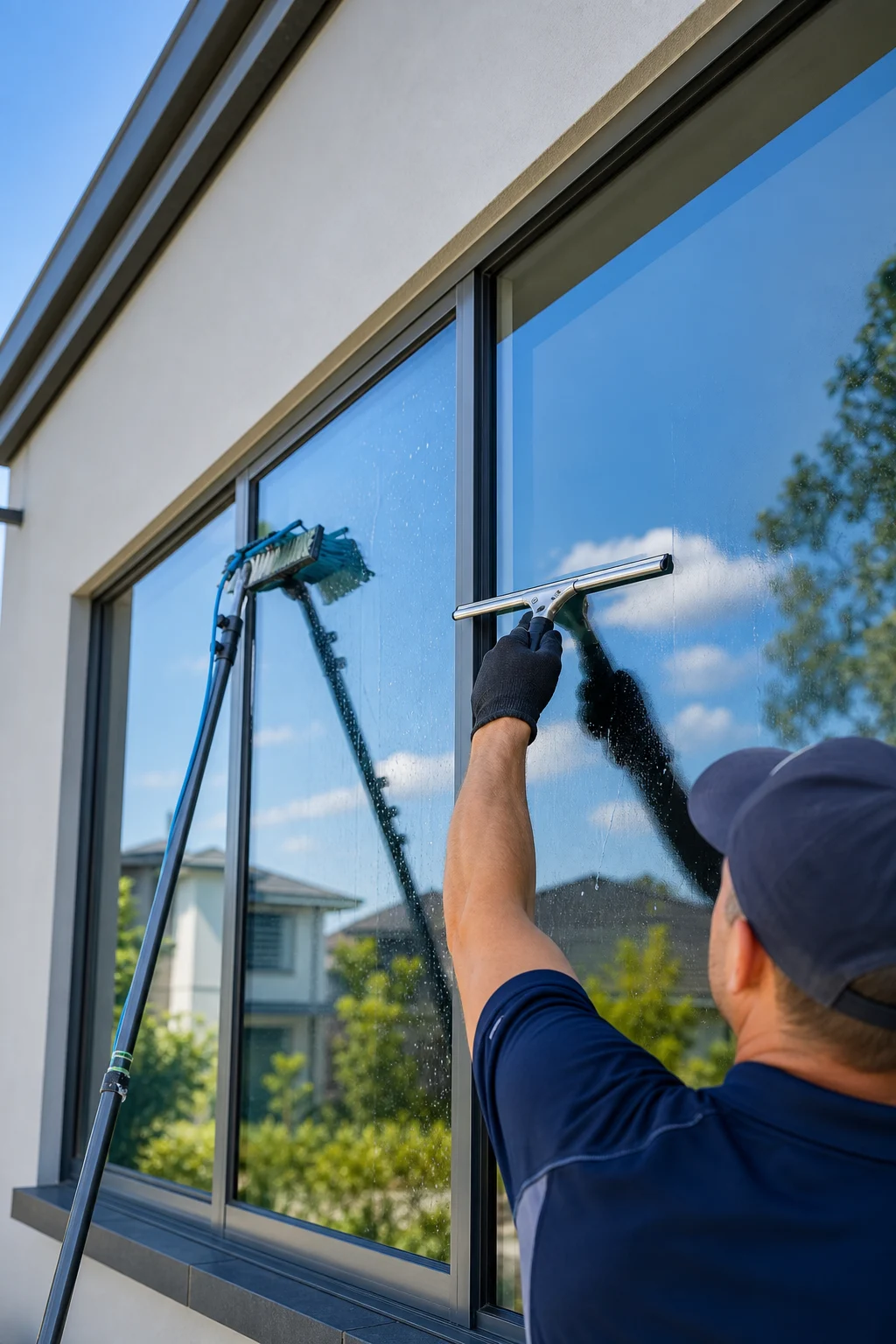 Exterior window cleaning on a Brisbane home with squeegee and water-fed brush